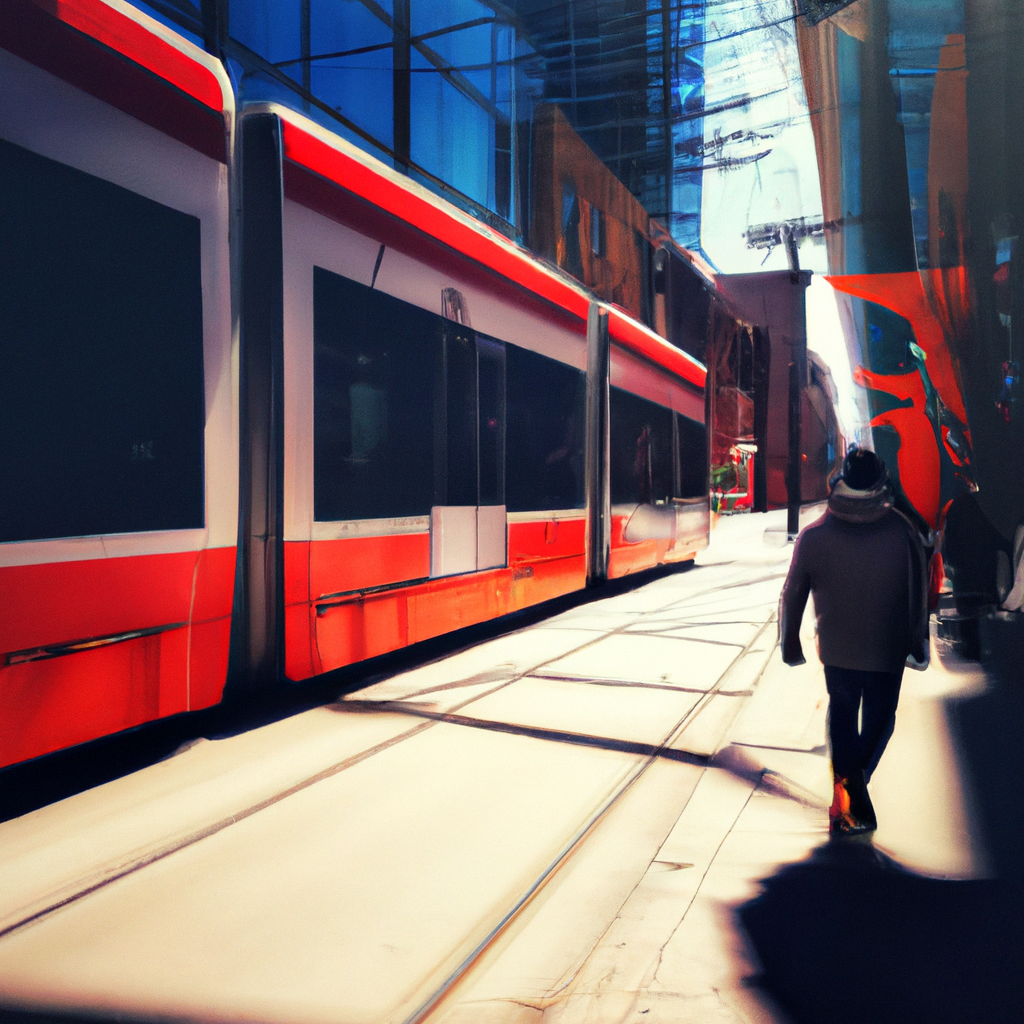 Toronto streetcar passing through a sunlit urban street with people walking along clean sidewalks—our minimalist, walkable city ethos in one frame